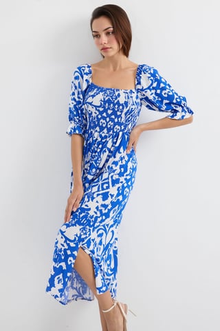 Blumen-Midi-Kleid mit quadratischem Kragen und Schlitz