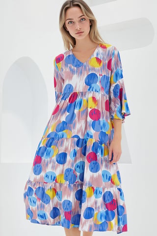 Mustered V-Ausschnitt Midikleid mit kurzen Ärmeln