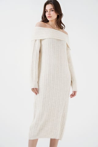 Oversized Rippenstrick Midi Kleid mit Madonna-Kragen