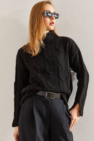 Bianco Lucci Strukturierter Pullover mit halbem Rollkragen - Schwarz