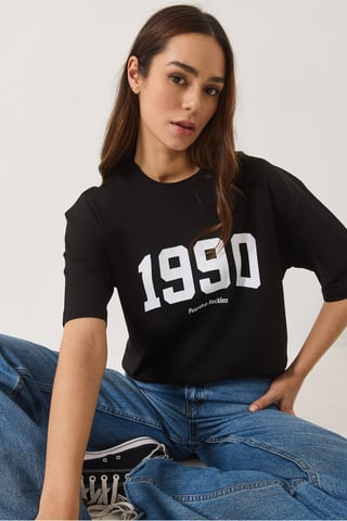 Übergröße Bedrucktes Rundhals-T-Shirt