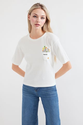 Besticktes Rundhals-Print-T-Shirt
