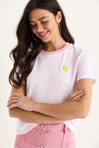 Gestreiftes besticktes Baumwoll-T-Shirt