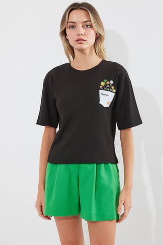 Besticktes Rundhals T-Shirt mit Druck