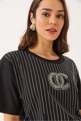 Gesticktes gestreiftes Rundhals-T-Shirt