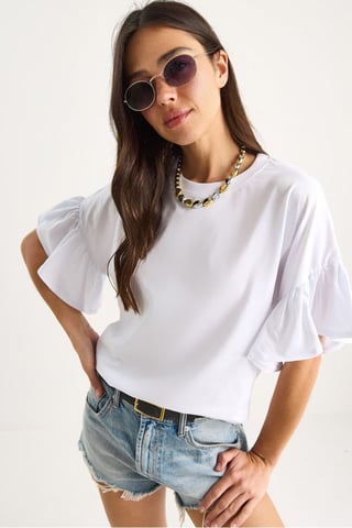 Bianco Lucci T-Shirt mit Rüschendetail und Rundhalsausschnitt - Weiß