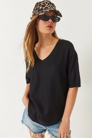 V-Ausschnitt Strick Kurzarm-T-Shirt