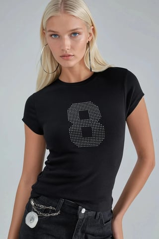 Kurzarm-Stretch-Strick-T-Shirt mit Stein-Detail