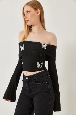 Bianco Lucci Bestickte Kurzbluse mit Madonna-Kragen - Schwarz