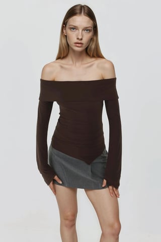 Elegantes Off-Shoulder Langarm Slim Fit Asymmetrisches Oberteil