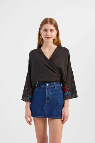 Bestickte V-Ausschnitt Langarm-Boho-Bluse