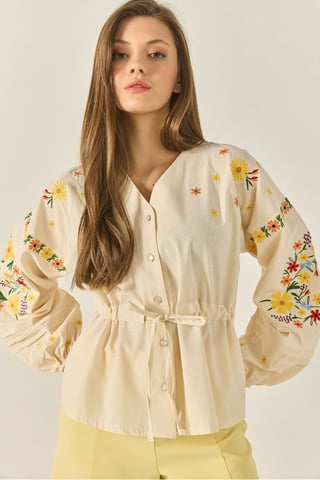 Besticktes V-Ausschnitt Baumwollshirt mit Schleife