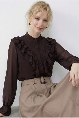 Rüschen-Mandarin-Kragen Langarm-Chiffonhemd