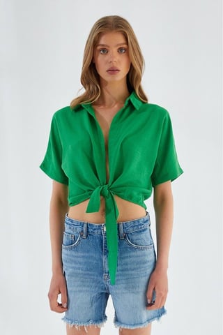V-Ausschnitt mit Bindeband Figurbetontes Crop-Shirt
