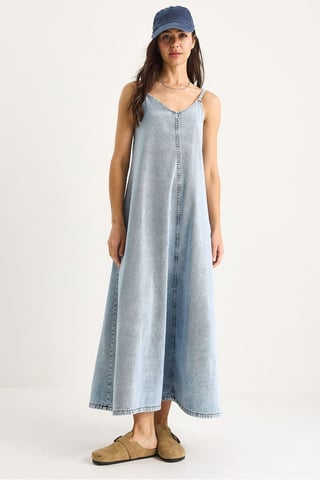 Maxi V-Ausschnitt Denim-Kleid mit Knopfverschluss