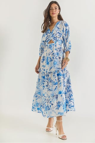 V-Ausschnitt Blühendes Maxi-Kleid mit Schleife