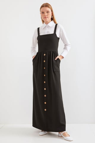 Maxikleid in A-Linie mit quadratischem Kragen und Knopfverschluss