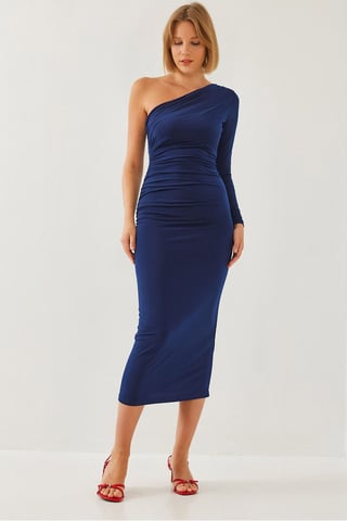 Asymmetrisches Kragen Raffung Midi-Kleid