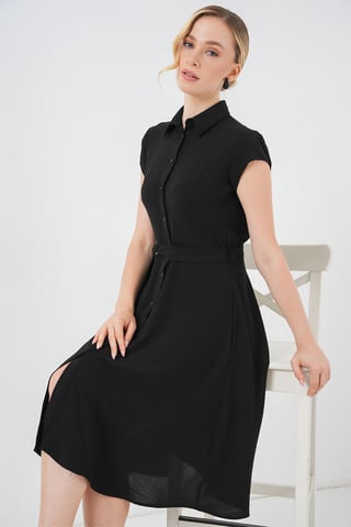 Knopfleisten-Hemdkragen A-Linien Midi-Kleid mit Bindungsdetails