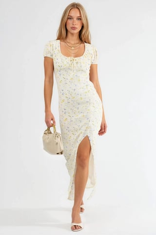 Blumenkleid Midi mit U-Ausschnitt und Bindegürtel