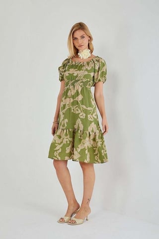 Mixray Blumiges, rüschenshoulderfreies Midikleid mit Binddetail - Grün