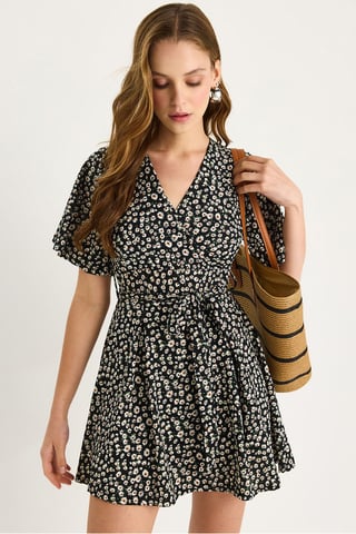 Blumiges V-Ausschnitt Midi-Kleid mit Schlitz