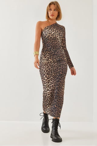 Leopardenmuster Raffung Midi-Kleid mit asymmetrischem Kragen