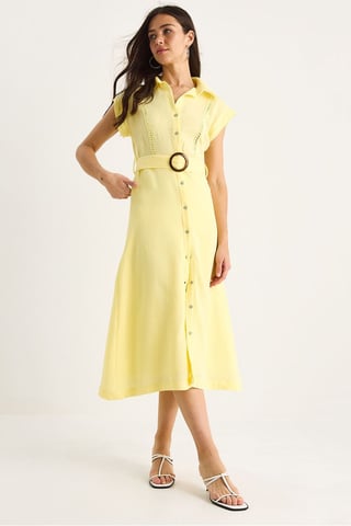 Texturiertes Baumwoll-Midi-Kleid mit Hemdblusekragen
