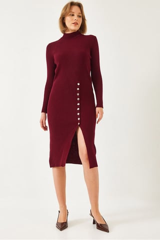Rippstrick-Turtleneck Midi-Strickkleid