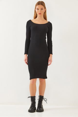 Strukturierte Ripp-Midi-Kleid mit quadratischem Kragen
