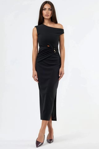 Asymmetrisches Kragen-Midi-Kleid mit Accessoire-Details