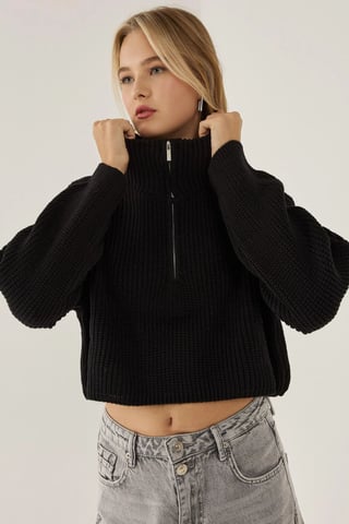 Reißverschluss-Kragen-Croptop-Pullover