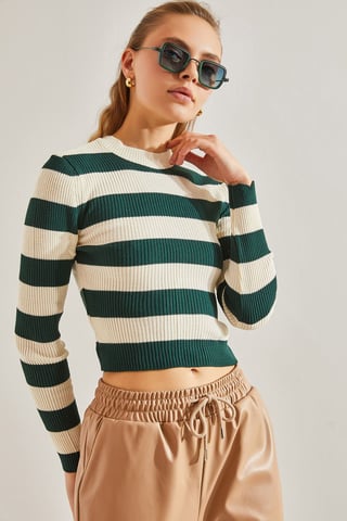 Bianco Lucci Gestreifte Cropped-Bluse mit Rundhalsausschnitt - Grün