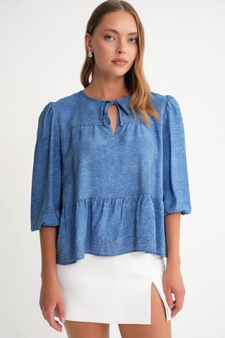 Denim-Optik Rüschenshirt mit Ballonärmeln