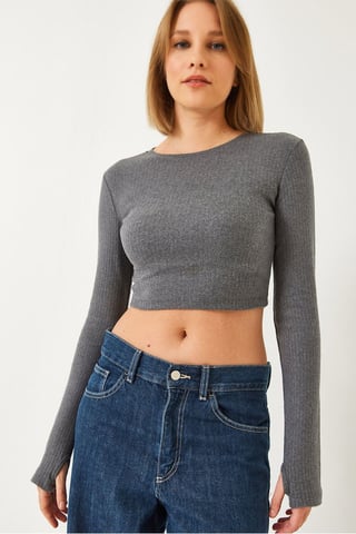 Strukturierte gerippte Crop-Bluse mit Rundhalsausschnitt