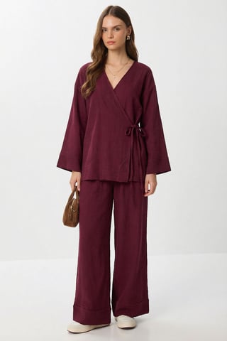 Hoch taillierte weit geschnittene Hose & Bluse mit V-Ausschnitt und Bindedetail Set