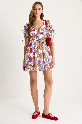 Bedrucktes V-Ausschnitt Cut-Out Midi-Kleid