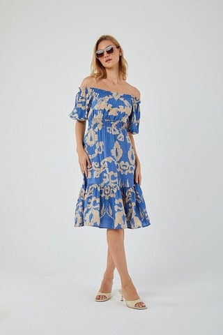 Floral Rüschendes Off-Shoulder Midi-Kleid mit Bindeband