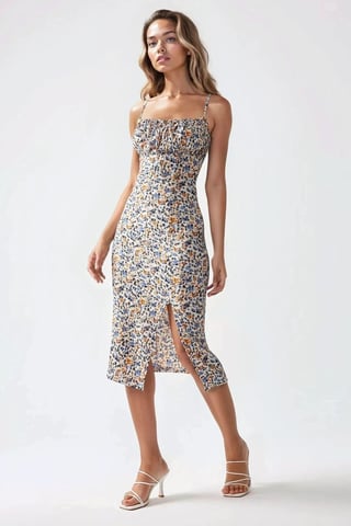 Allover Blumenmuster Bodycon Midi Kleid mit Schlitz