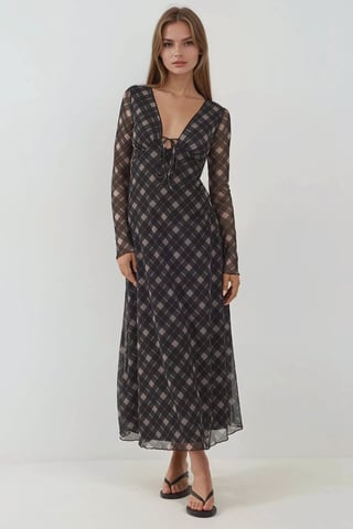 Tiefes V-Ausschnitt Elegantes Midi Karierte Figurbetontes Kleid