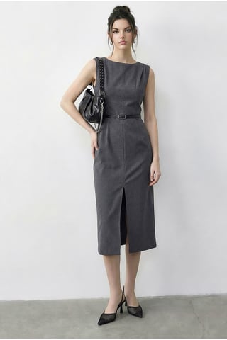 Belted Midi Bleistiftkleid mit Bootsausschnitt