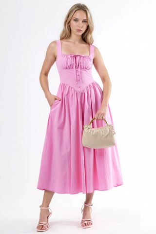 Midi-Kleid mit quadratischem Kragen und Knopfdetails