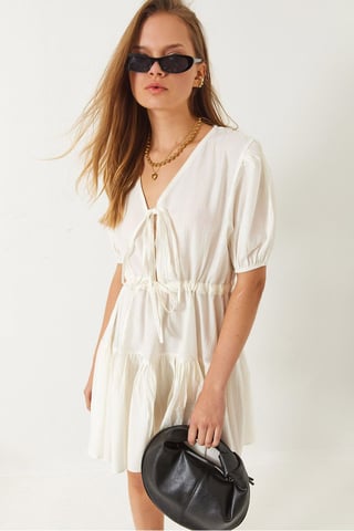 Mini V-Ausschnittkleid mit Schleife