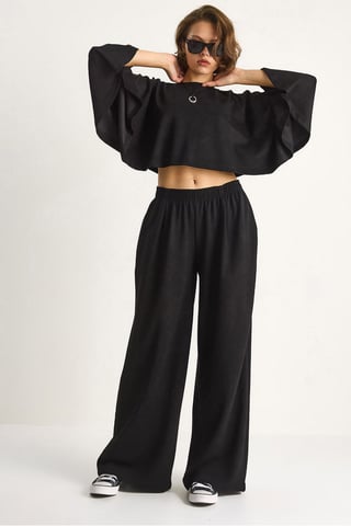 Strick-Crewneck-Longsleeve mit weitem Bein Zweiteiliges Set