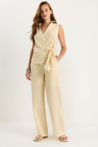 Gestreiftes V-Ausschnitt Knopfhose Hohe Taille Weite Hose Zweiteiliges Set