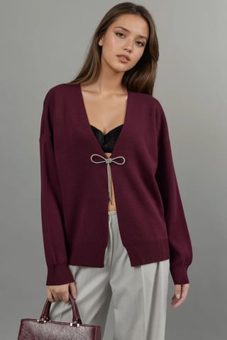 V-Ausschnitt Strickjacke mit Schleifendetail