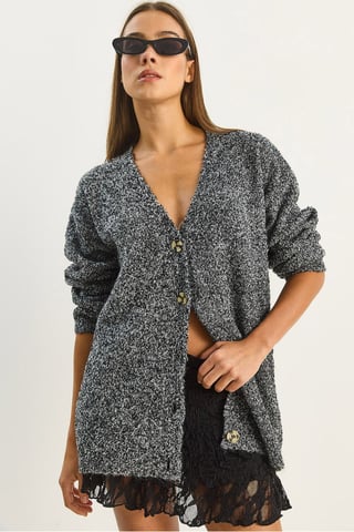 Bianco Lucci Strukturierter V-Ausschnitt Cardigan mit Knöpfen - Schwarz