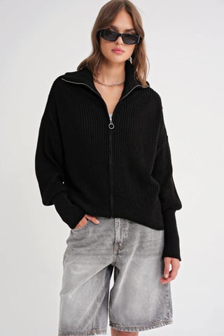 Reißverschlusskragen Oversize Strickjacke mit Struktur