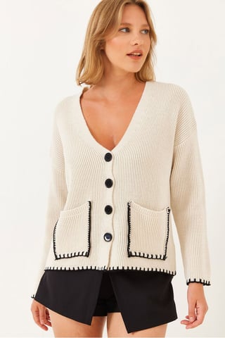 Strukturiertes V-Ausschnitt Knopf-Cardigan mit Tasche