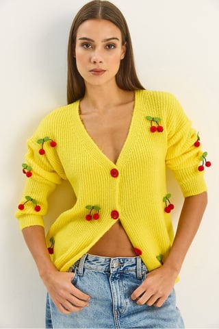 V-Ausschnitt Strickjacke mit Obststickerei